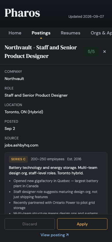 Pharos CRM decision surface — mobile sidebar view