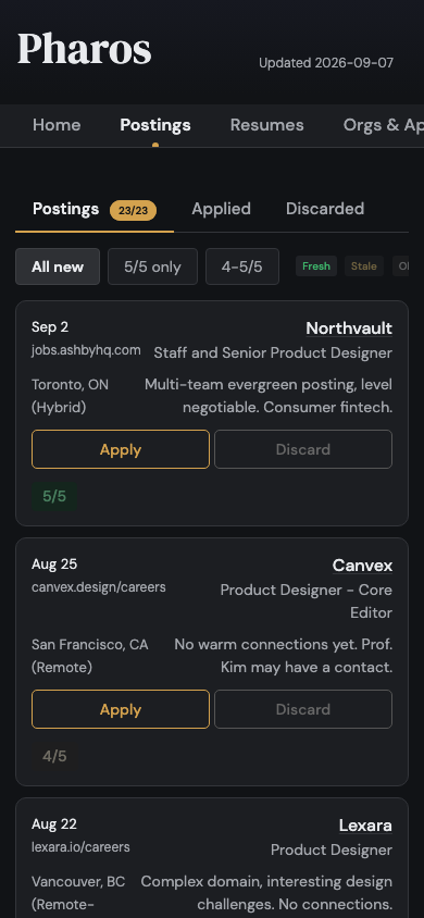 Pharos CRM job board — mobile view